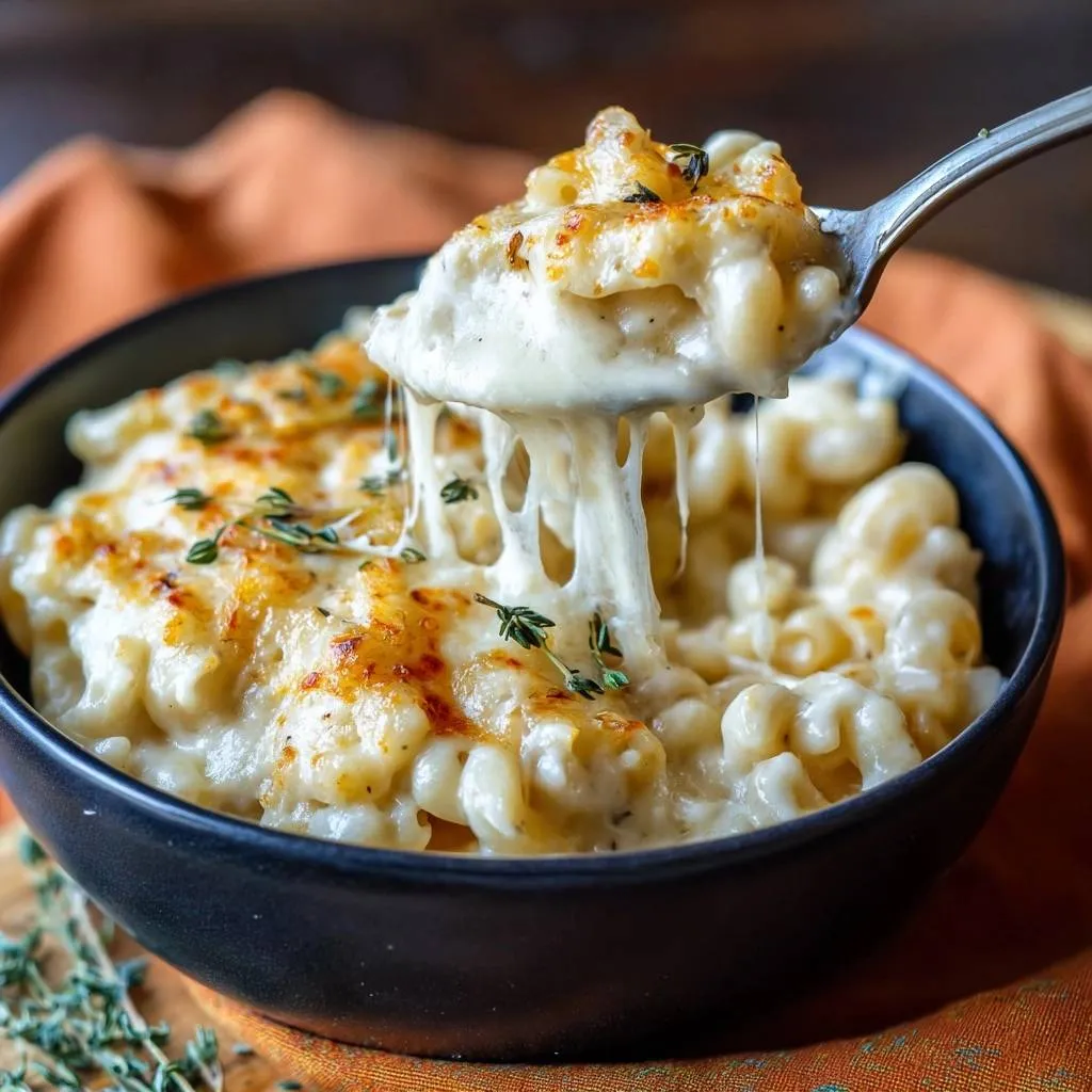 Creamy baked mac and cheese with a spoonful lifting out, showing long strings of melted cheese.