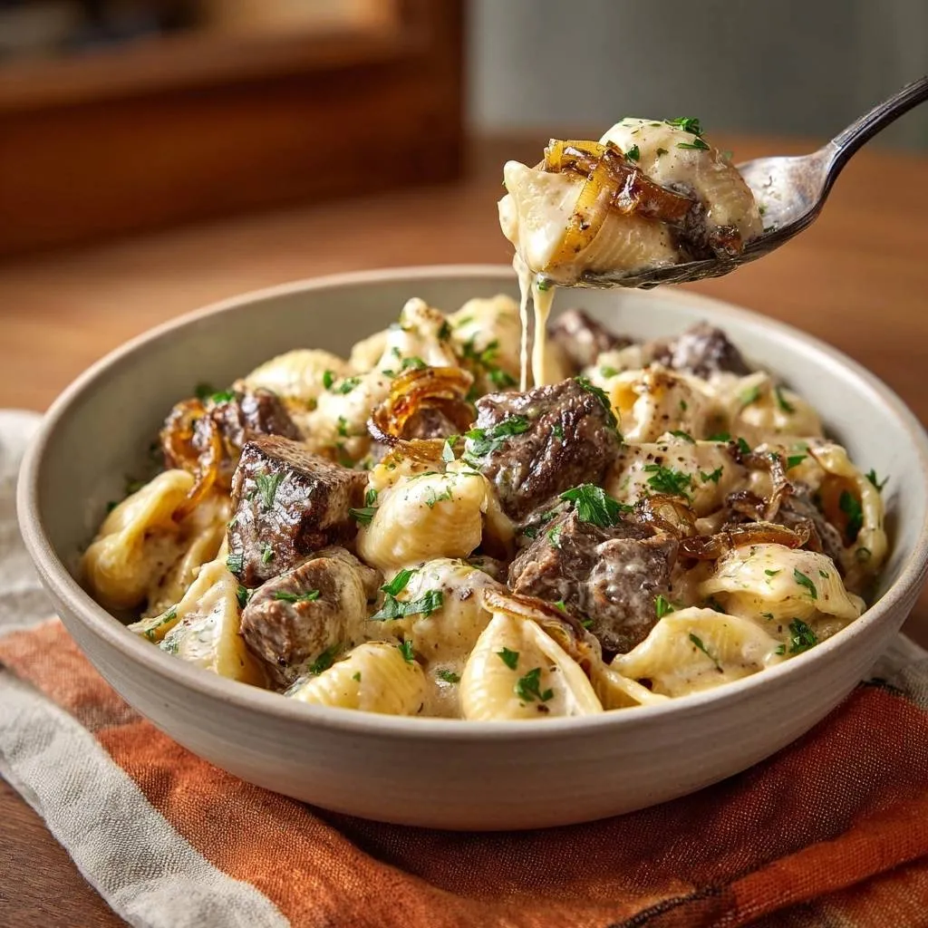 Creamy beef and caramelized onion shells recipe shown with a spoonful being lifted, showcasing the creamy sauce and tender beef.