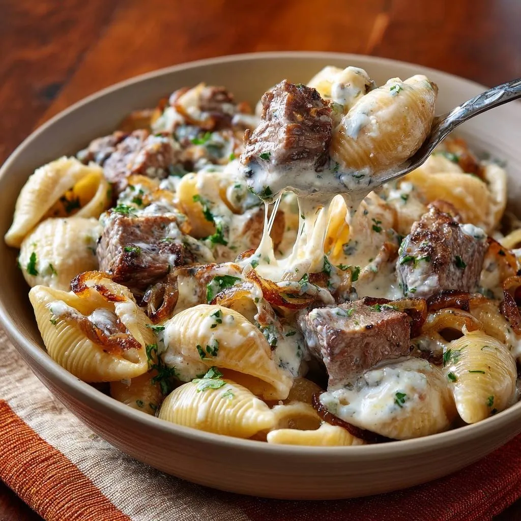 Creamy beef and caramelized onion shells with a spoon lifting pasta, showing a cheese pull.