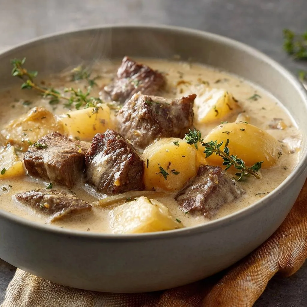Creamy beef and potato stew shown in a bowl with steam rising and garnished with fresh thyme sprigs.