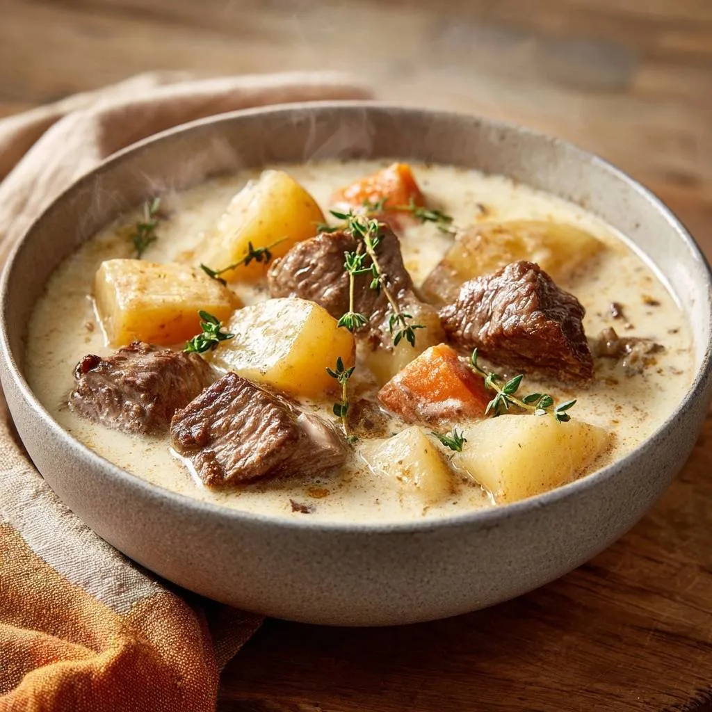 Creamy beef and potato stew in a rustic bowl, with steam rising and fresh thyme garnish.
