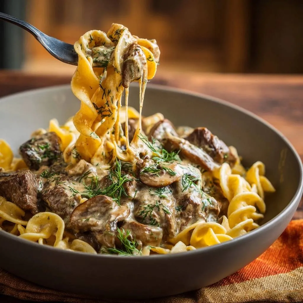 Creamy beef stroganoff with bowtie pasta being lifted by a fork, showcasing the creamy sauce and tender beef.