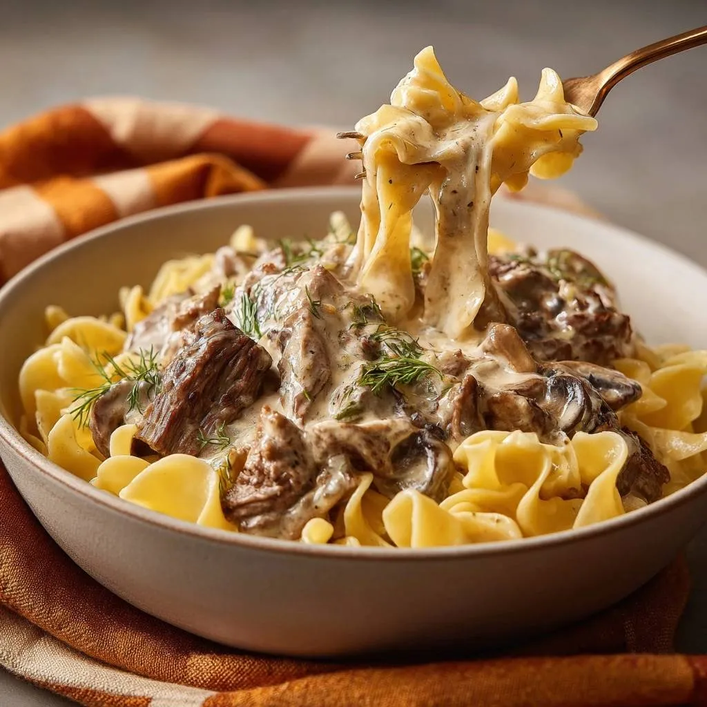 Creamy beef stroganoff with bowtie pasta being lifted with a fork, showing rich sauce and noodles.