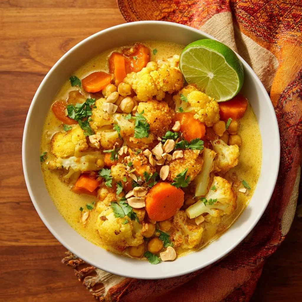 Creamy cauliflower chickpea curry with tender-crisp florets, served in a white bowl with a lime wedge garnish.