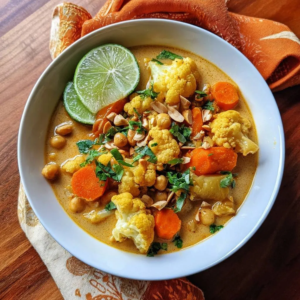 Creamy cauliflower chickpea curry with tender-crisp florets in a white bowl, garnished with lime and cilantro.