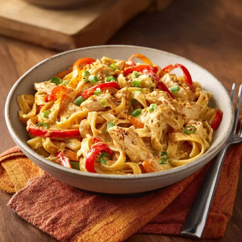 Creamy chicken bell pepper fettuccine served in a bowl, featuring tender pasta, shredded chicken, and sliced bell peppers with a creamy sauce, close-up view.