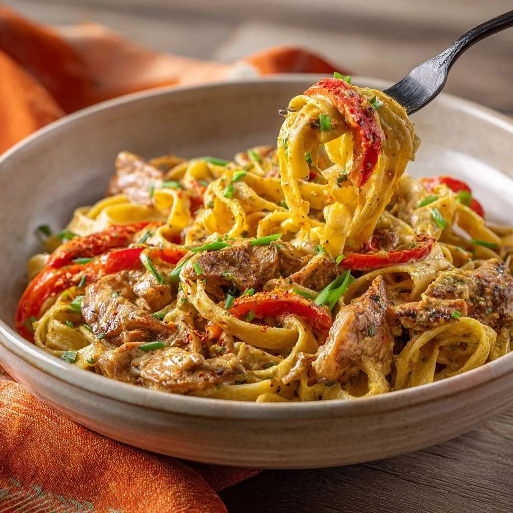 Creamy chicken bell pepper fettuccine with a forkful being lifted, showcasing the rich sauce and tender pasta.