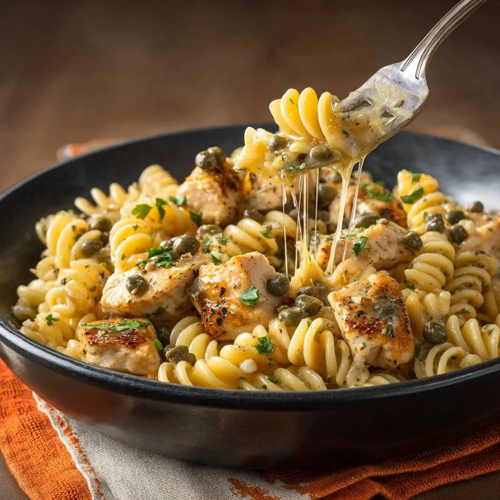 Creamy chicken capers fusilli with silky sauce, with a fork pulling up strands of pasta and cheese.