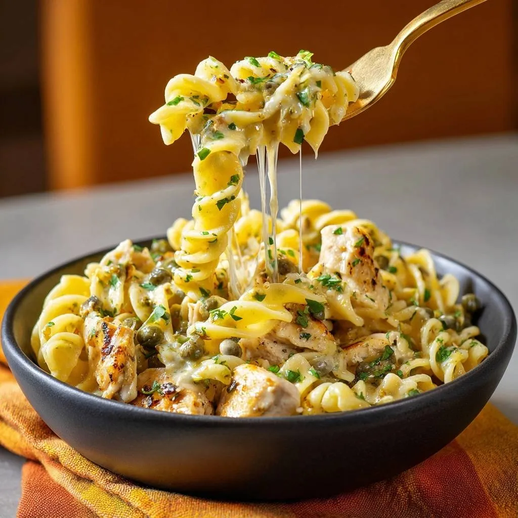 Creamy chicken capers fusilli with silky sauce, with a fork pulling up a cheesy strand of pasta.