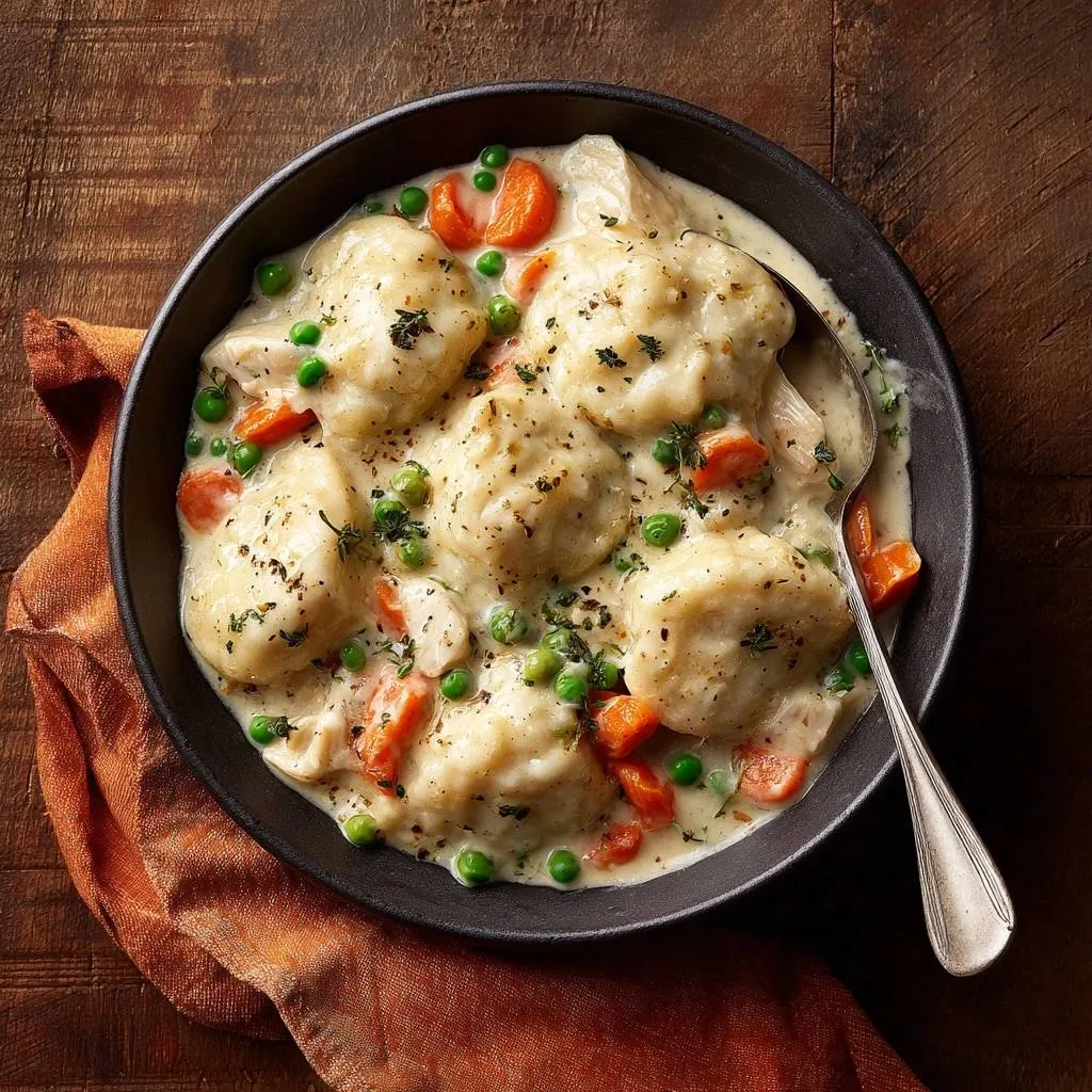 Creamy chicken and dumplings with fluffy drop dumplings served in a dark bowl, seen from an overhead view.