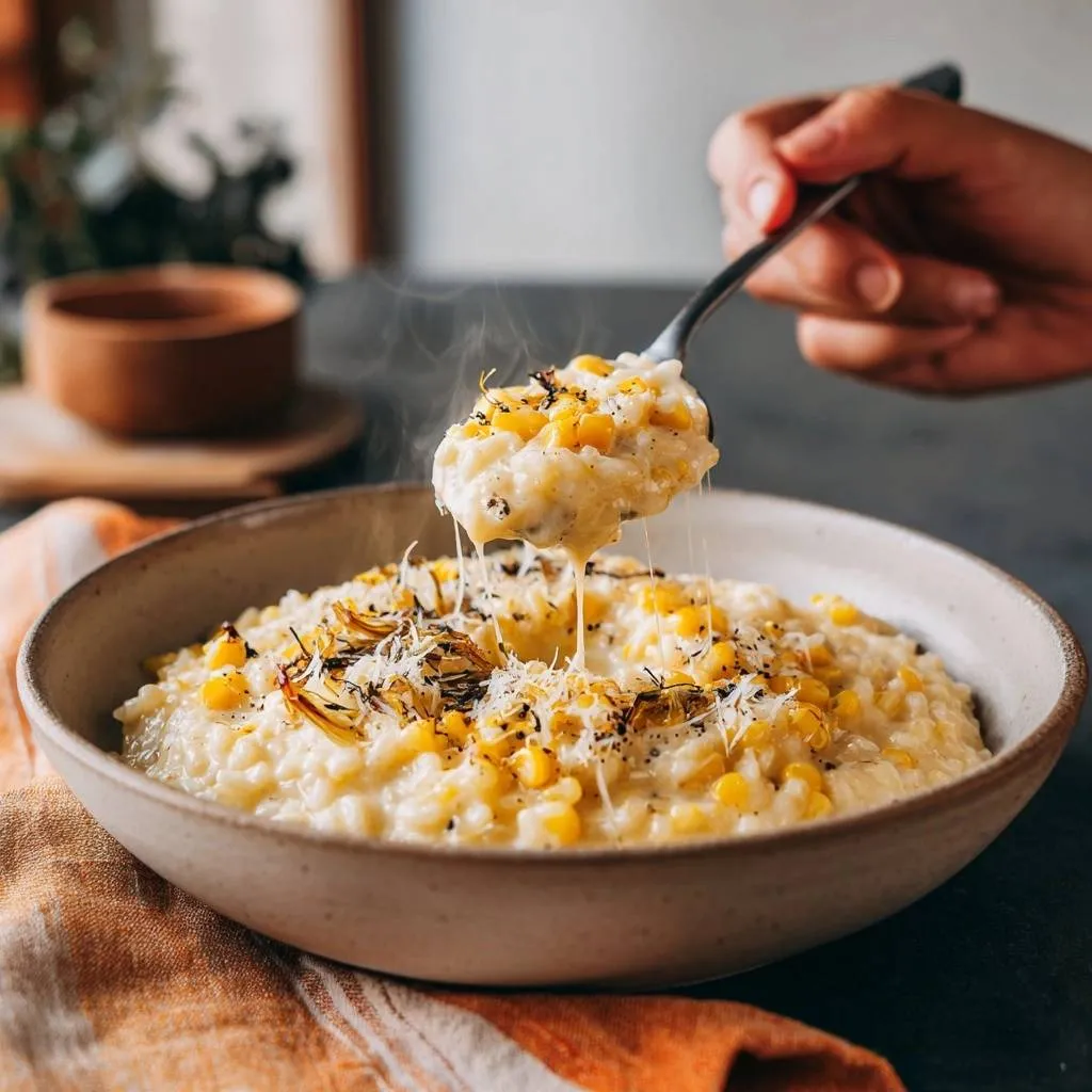 Creamy corn risotto with a spoonful being lifted, showing melted cheese and steam.