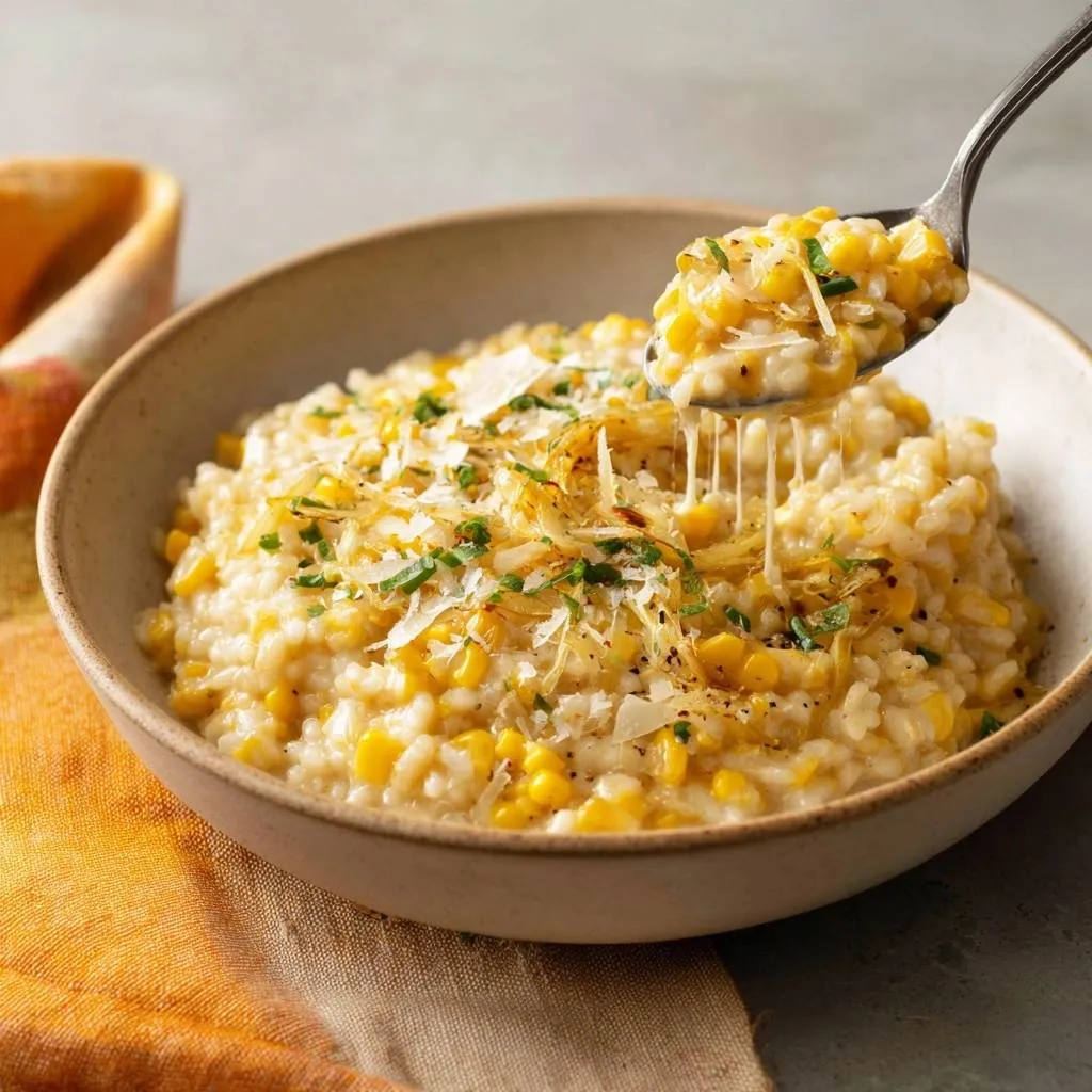 Creamy corn risotto being scooped with a spoon, showing strings of melted cheese and a garnish of parmesan and herbs.