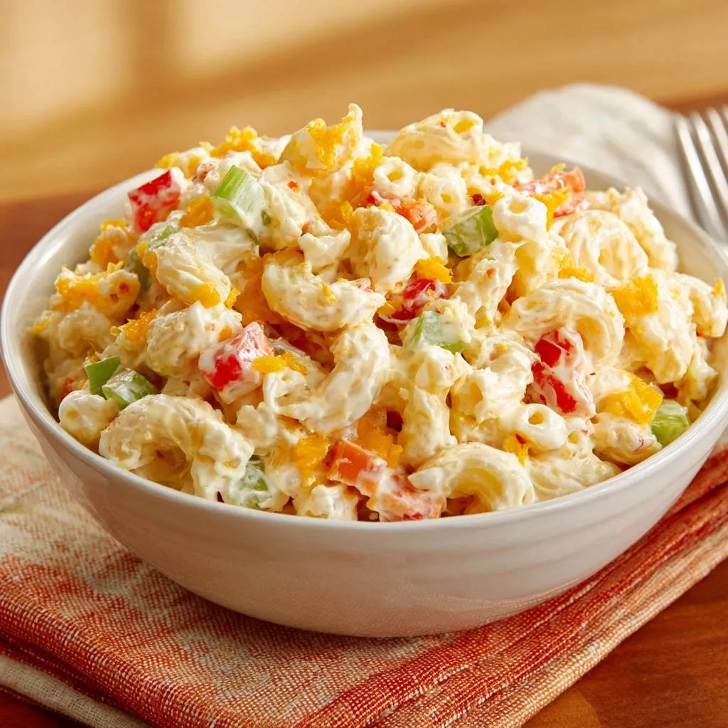 Creamy deli macaroni salad shown in a close-up view of a white bowl filled with pasta, vegetables, and cheese.