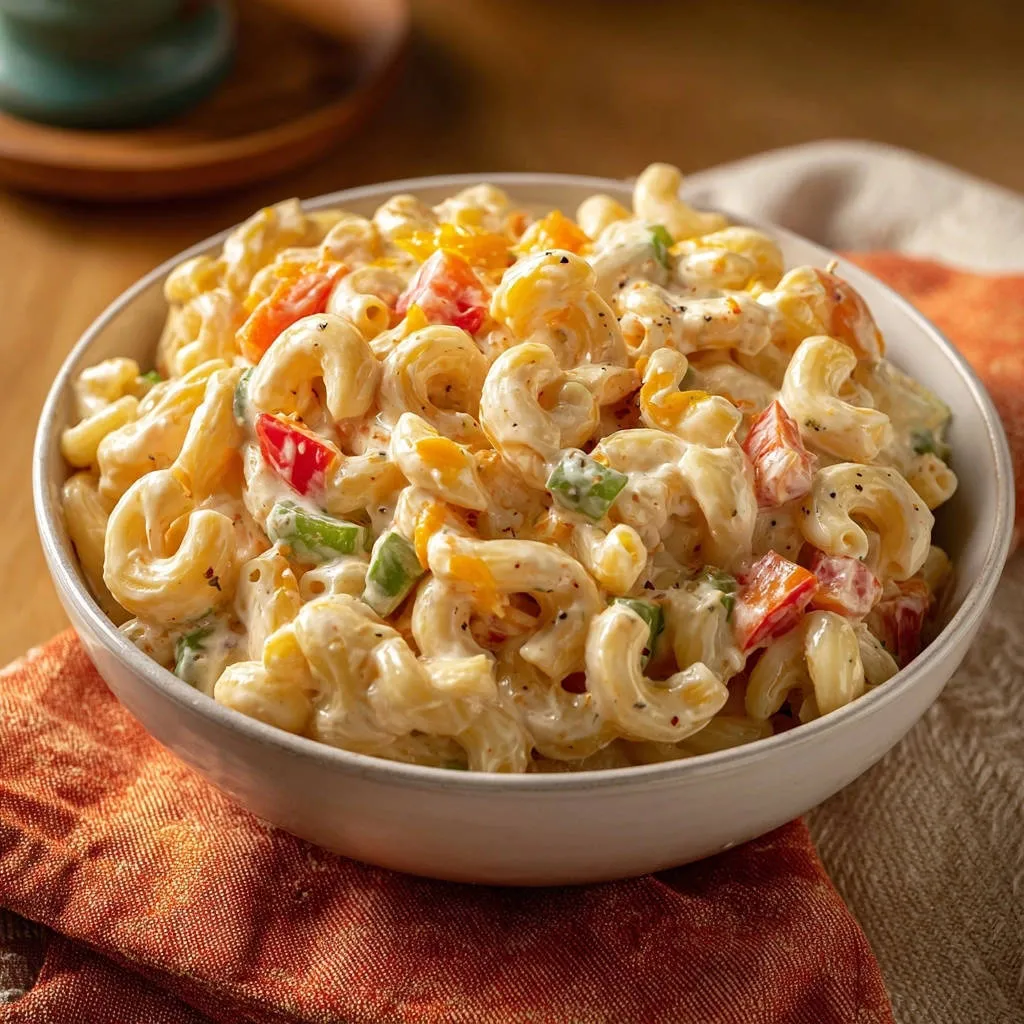 Creamy deli macaroni salad with colorful vegetables mixed into elbow macaroni, served in a white bowl.