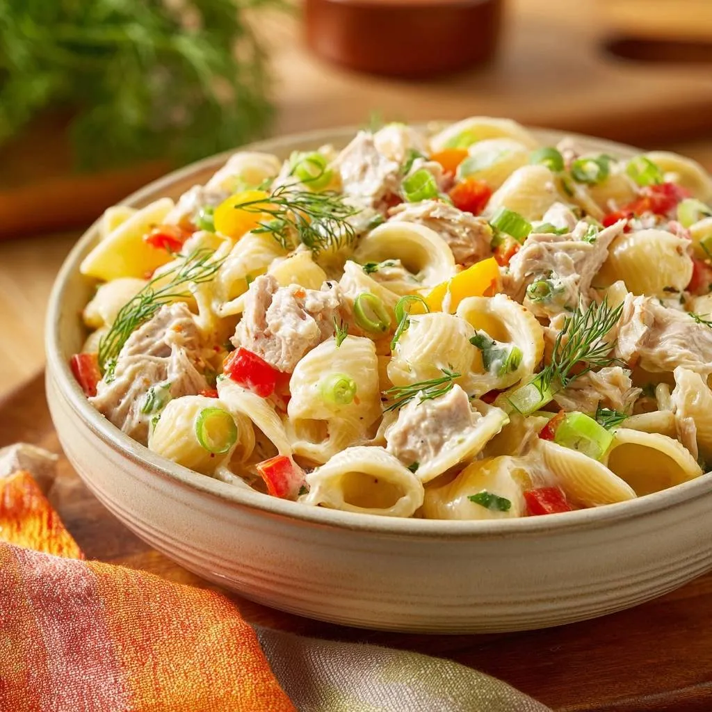 Creamy dill chicken pasta salad with shell pasta, bell peppers, and dill garnish in a bowl.