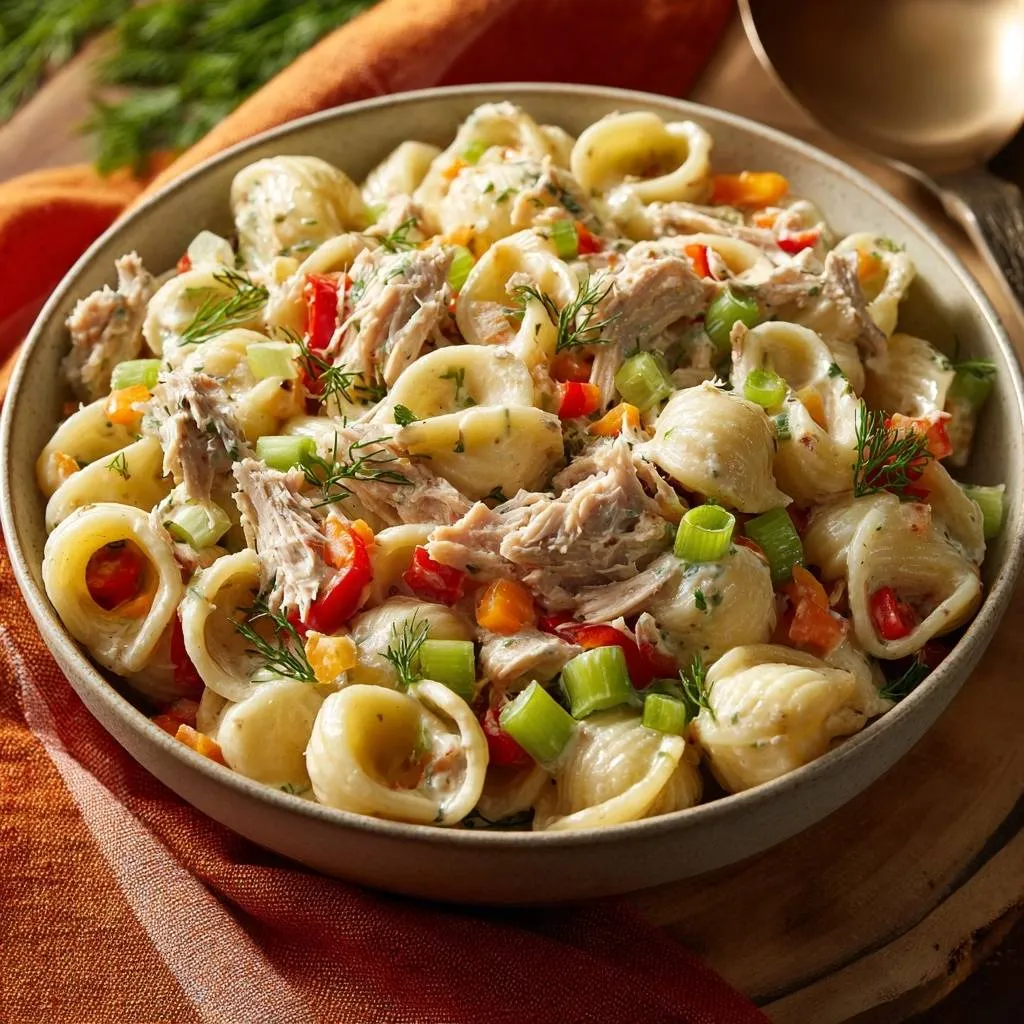 Creamy dill chicken pasta salad in a rustic bowl, featuring shell pasta, shredded chicken, and chopped vegetables.