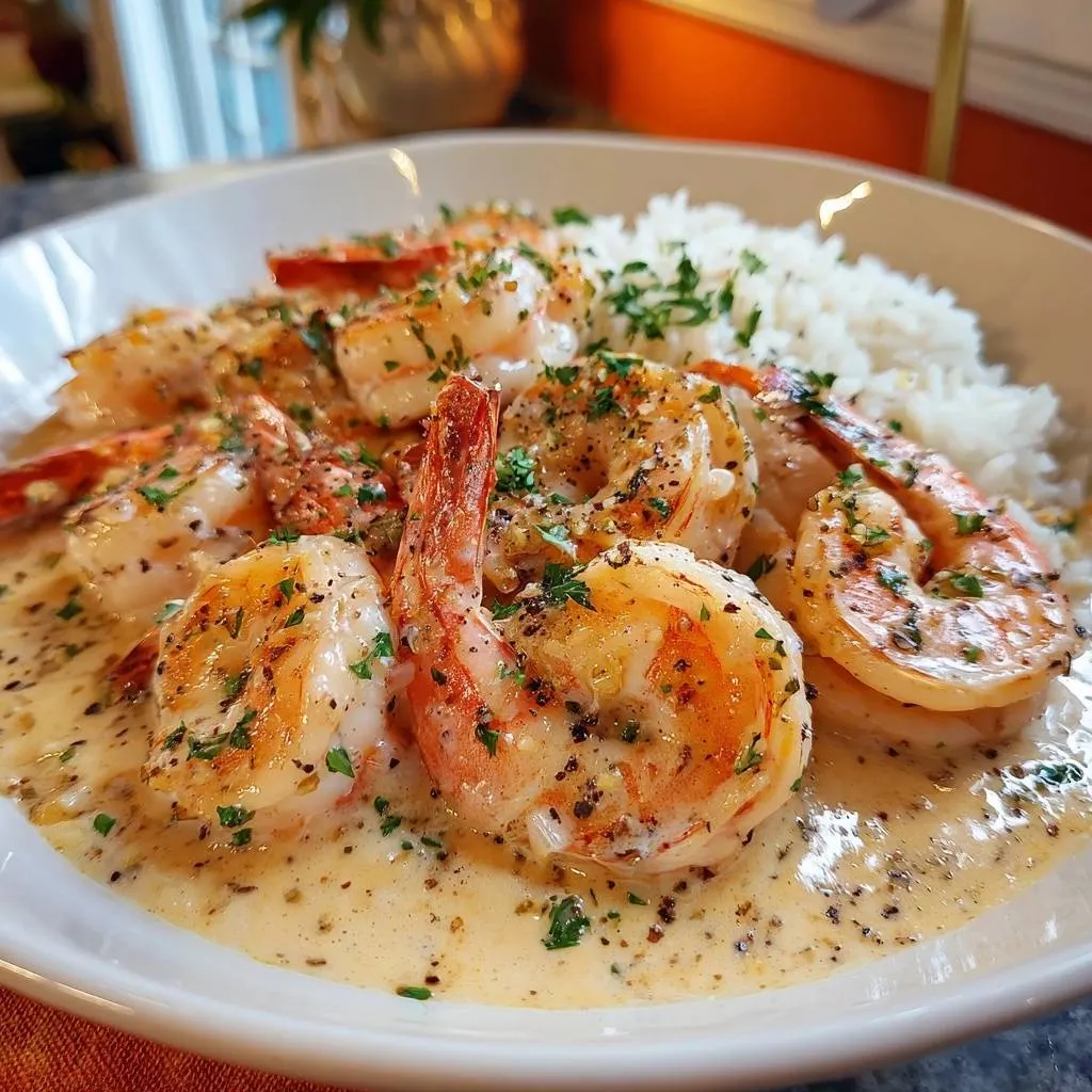 Creamy garlic shrimp over rice, a close-up view showing the plump shrimp coated in a rich, creamy sauce.