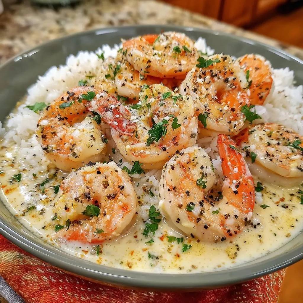 Creamy garlic shrimp over rice served in a close-up bowl, garnished with parsley and black pepper.