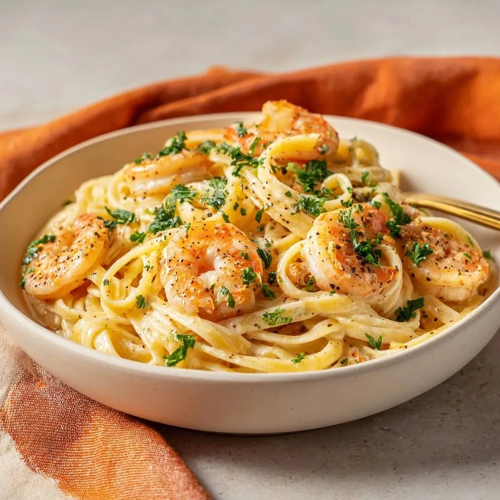 Creamy garlic shrimp pasta with tender juicy shrimp served in a bowl, close-up view with fresh parsley garnish.