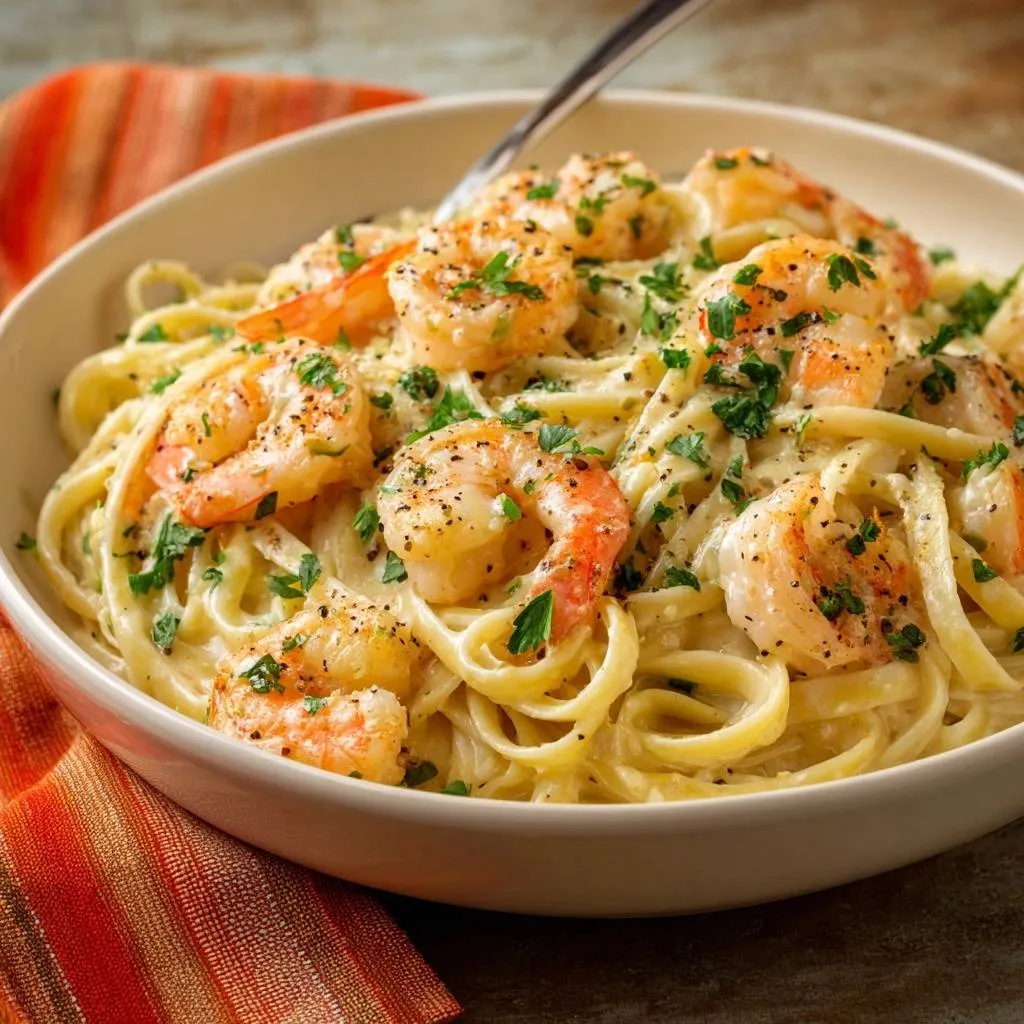 Creamy garlic shrimp pasta with tender juicy shrimp served in a white bowl, close-up view.