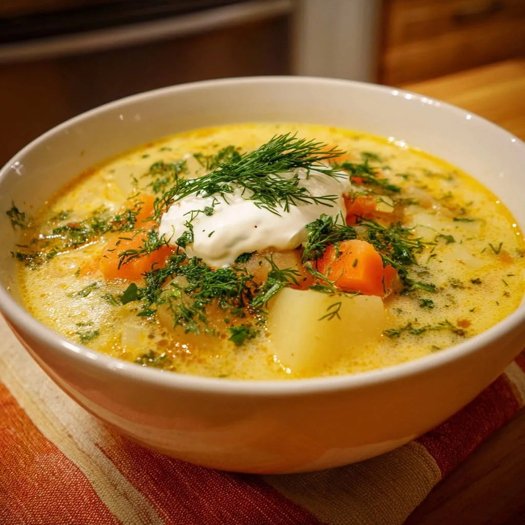 Creamy hearty potato and carrot soup topped with a dollop of sour cream and fresh dill garnish.
