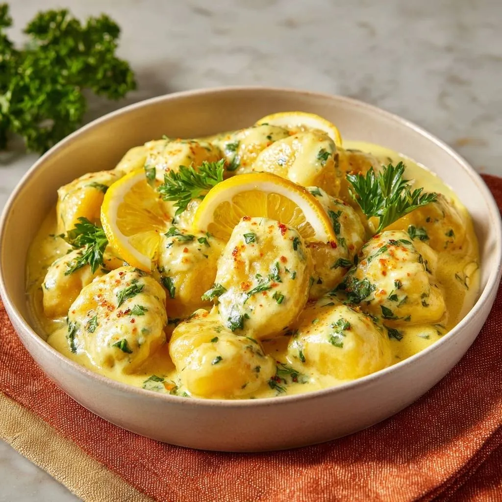 Creamy lemon gnocchi with a stable emulsion sauce, garnished with lemon slices and parsley, shown in a close-up view.