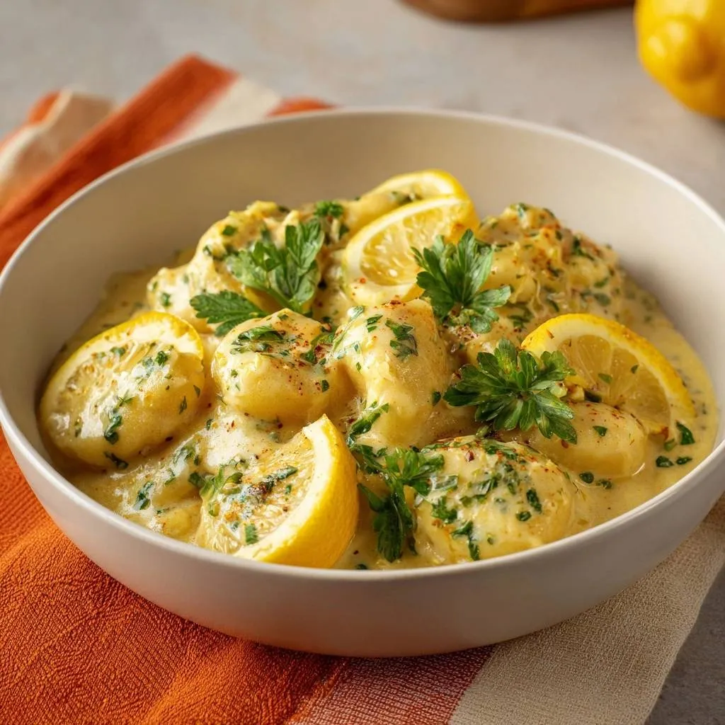Creamy lemon gnocchi with stable emulsion sauce, garnished with fresh parsley and lemon slices.