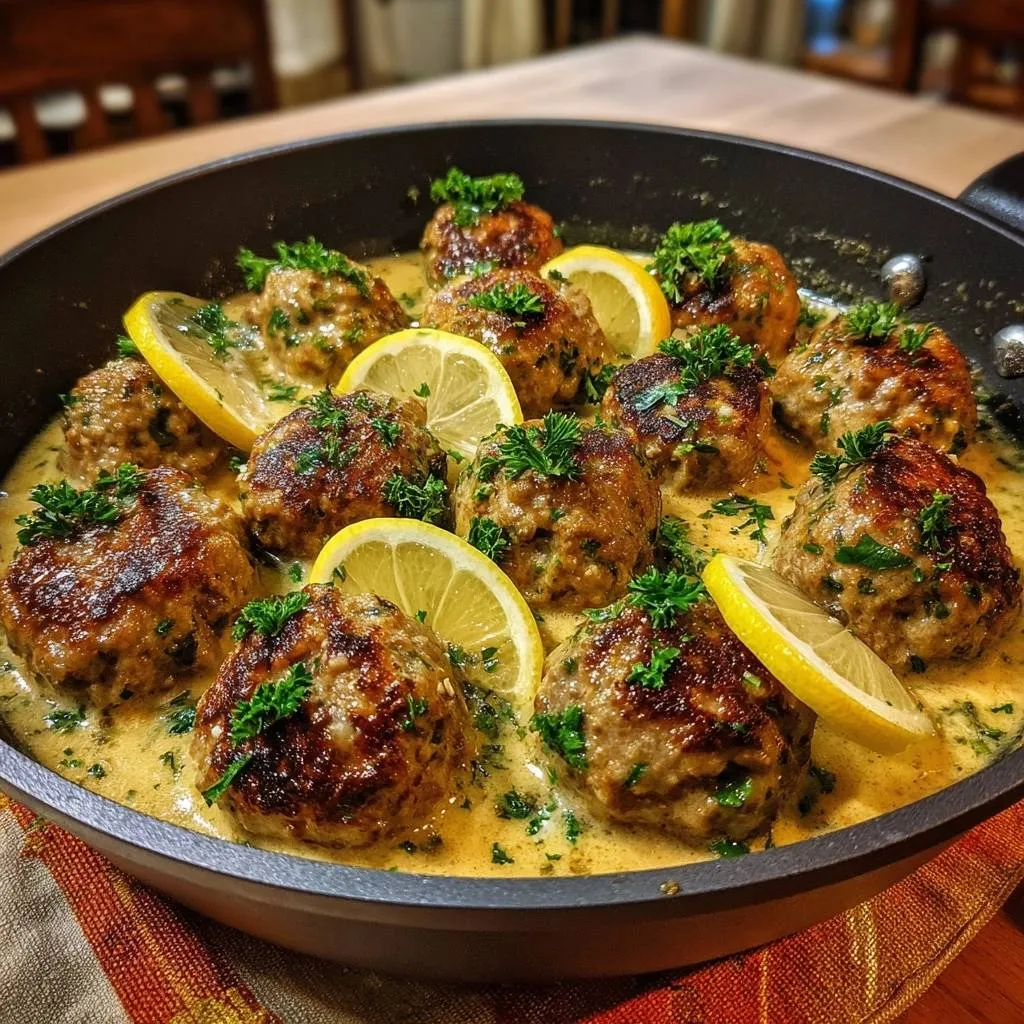 Creamy lemon turkey meatballs in a rich sauce, garnished with parsley and lemon slices, shown in a close-up view.