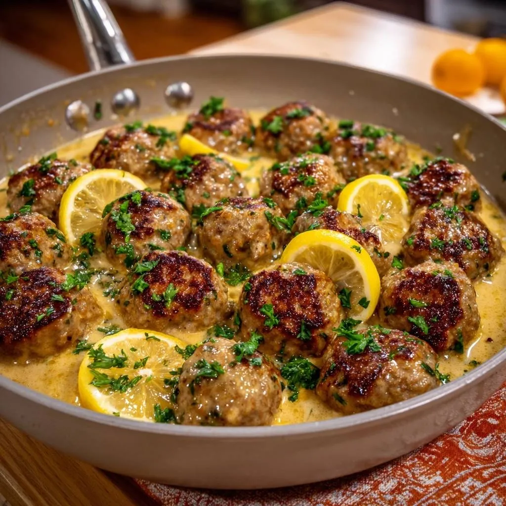 Creamy lemon turkey meatballs nestled in a rich sauce, garnished with fresh parsley and lemon slices in a skillet.