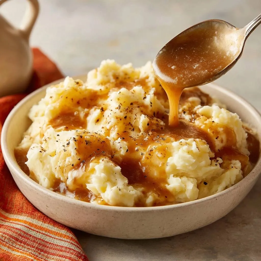 Creamy mashed potatoes with gravy being poured from a spoon, showcasing a fluffy texture.