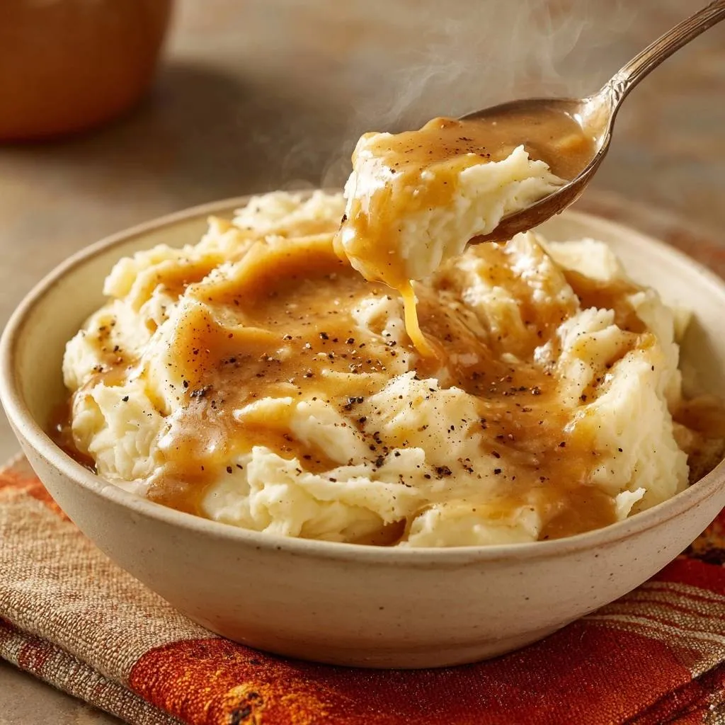 Creamy mashed potatoes with gravy, a spoonful being lifted showing its fluffy texture and rich sauce.