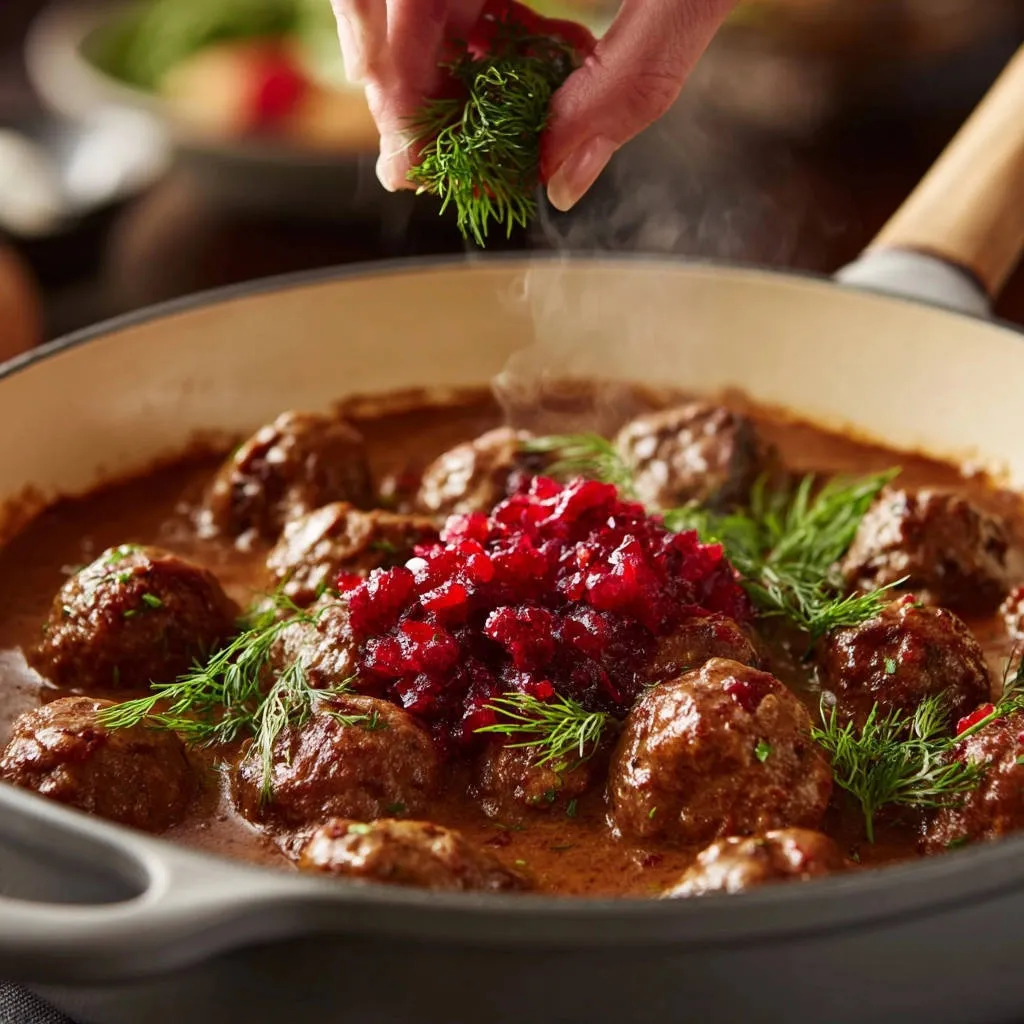 Classic creamy meatballs garnished with fresh dill and a vibrant cranberry relish.
