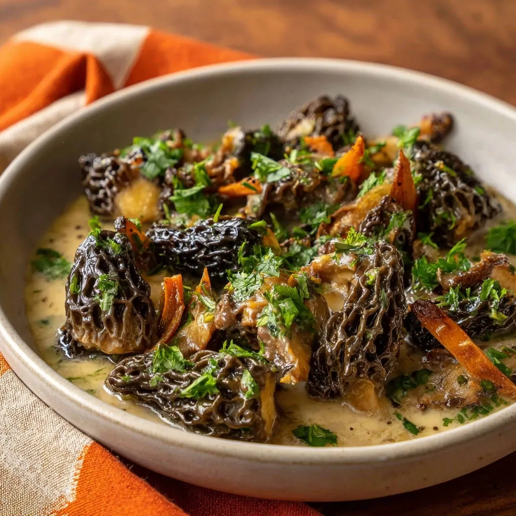 Creamy morel mushrooms served in a rustic bowl, showcasing their unique texture and rich sauce.