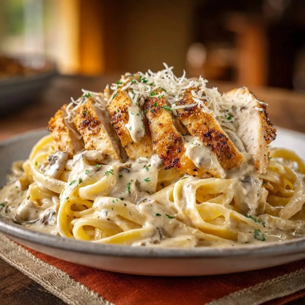 Creamy mushroom chicken fettuccine with sliced chicken breast and a garnish of shredded cheese and parsley.