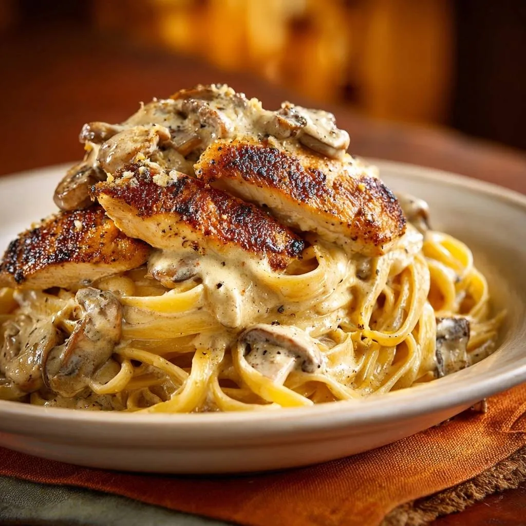Creamy mushroom chicken fettuccine featuring tender sliced chicken breast as a topping over the pasta.