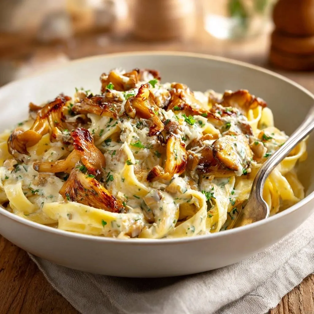 Creamy mushroom pasta with crispy edges, shown in a close-up view with a fork ready to serve.