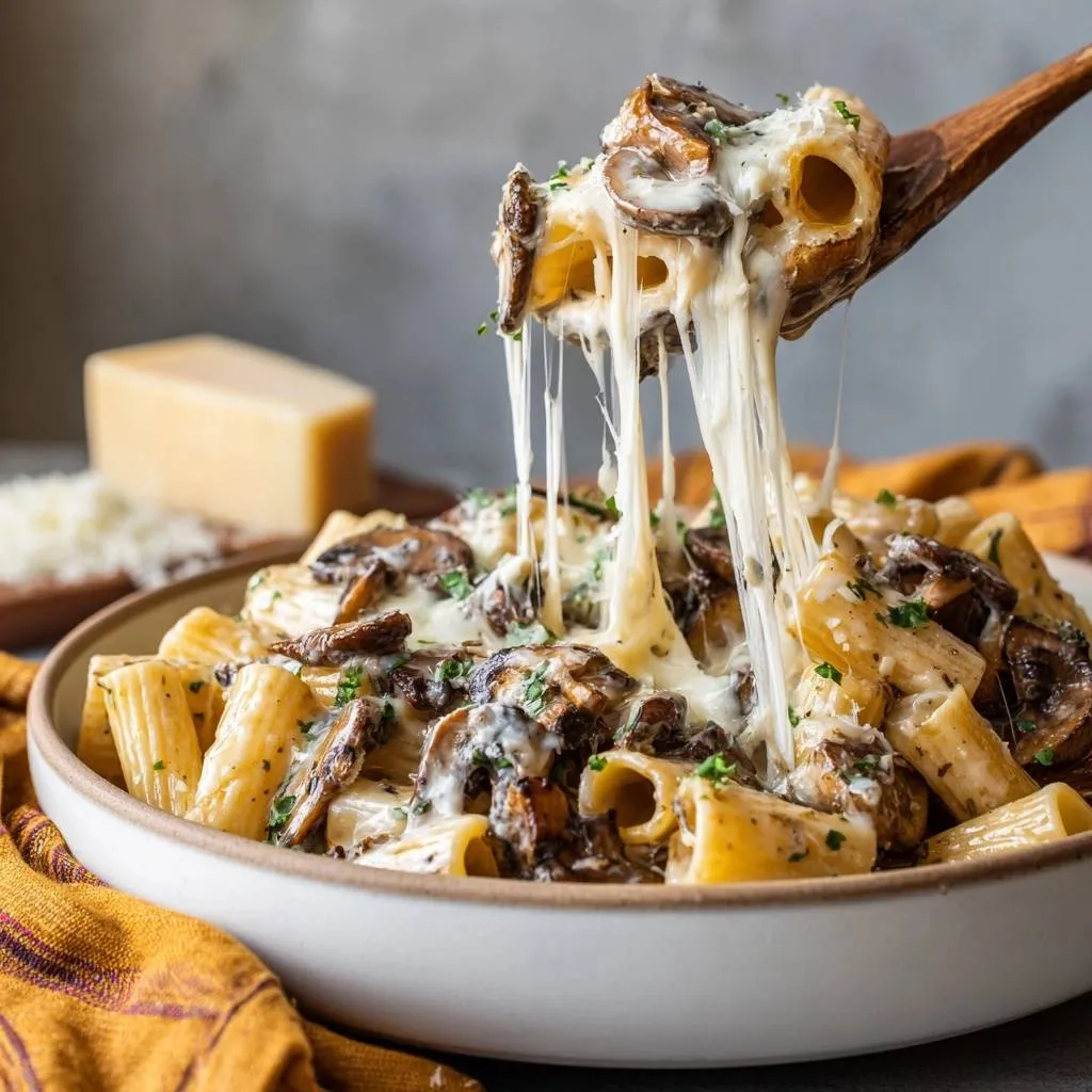 Creamy mushroom rigatoni with a generous pull of melted cheese being lifted from the bowl.
