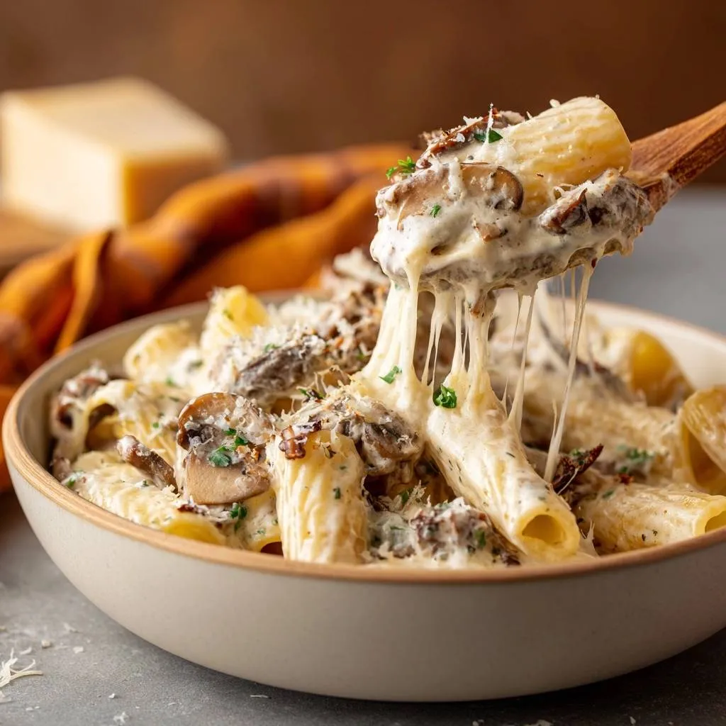 Creamy mushroom rigatoni with a cheesy pull from a wooden spoon, showcasing its rich sauce and pasta.