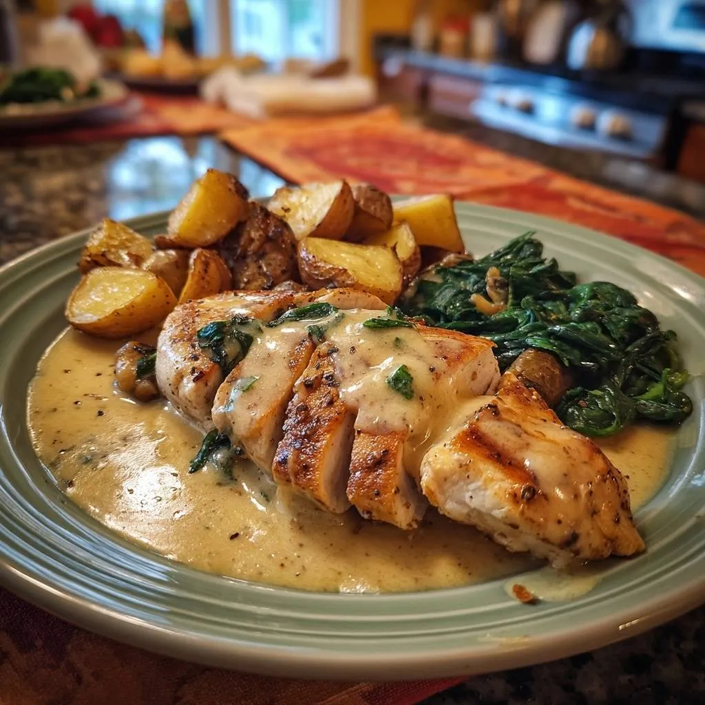 Creamy mustard chicken with crispy potatoes and spinach, plated with a generous drizzle of sauce.