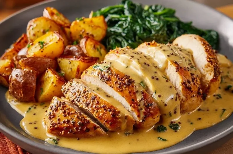 Creamy Mustard Chicken with Crispy Potatoes and Spinach