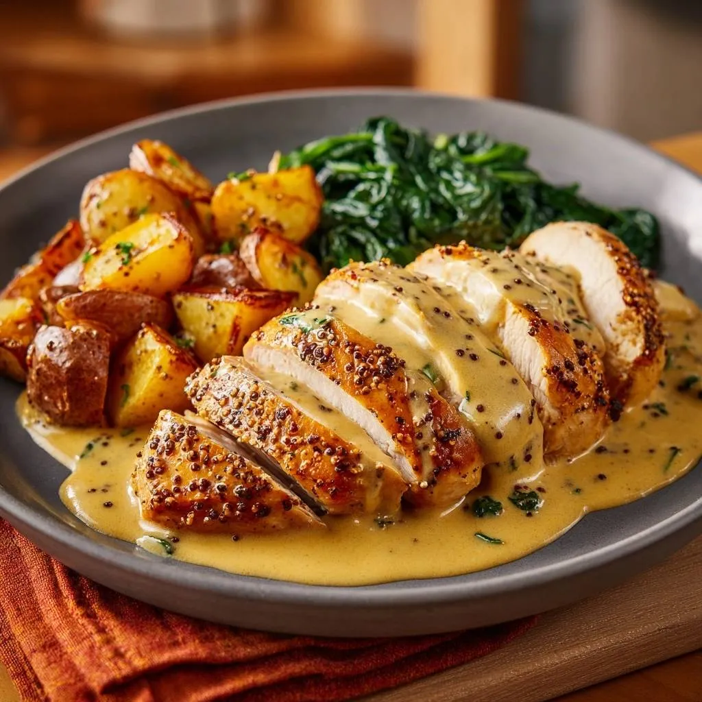 Creamy Mustard Chicken with Crispy Potatoes and Spinach - recipe image