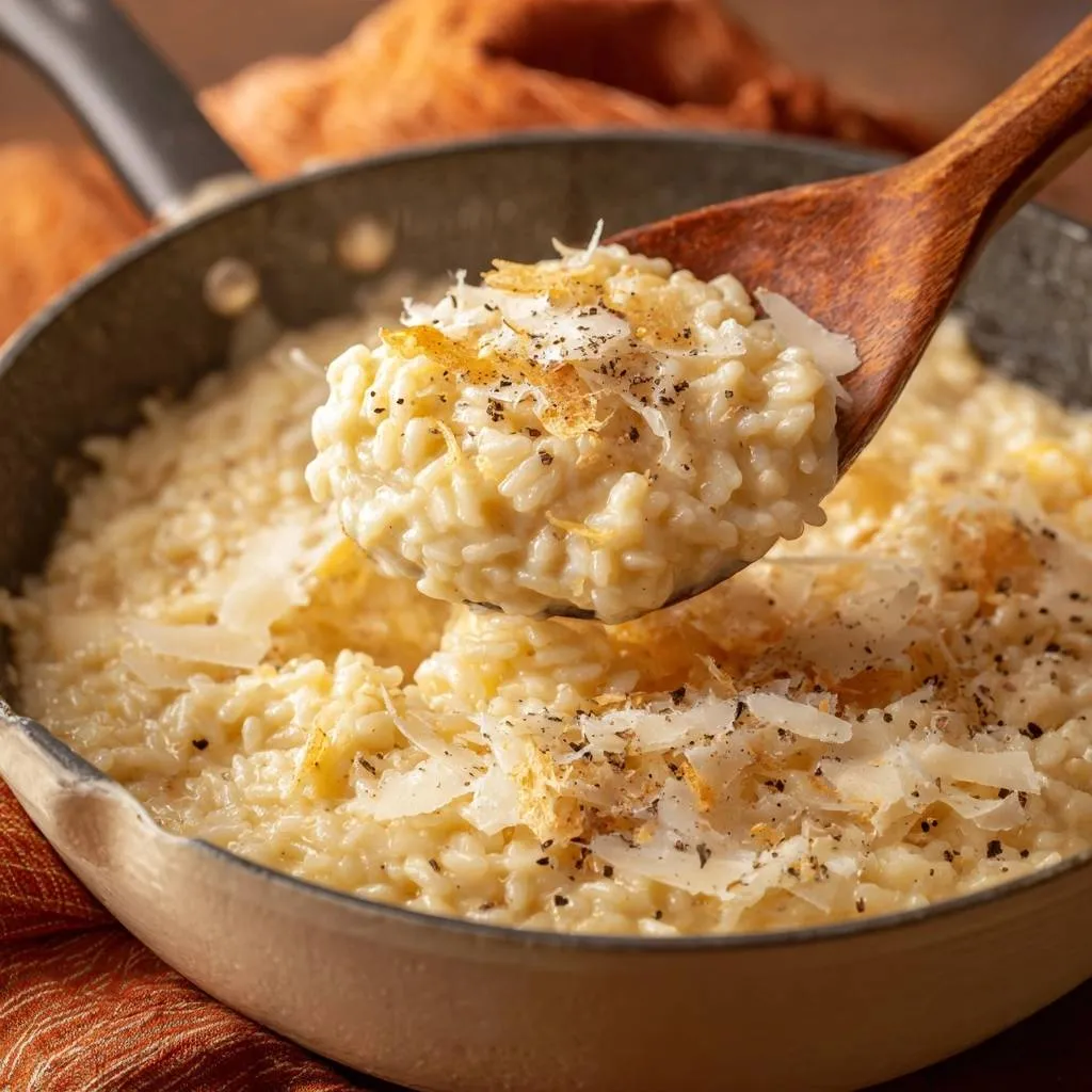 Creamy Parmesan Risotto served in a pan, with a wooden spoon lifting a portion showing the rich texture and Parmesan cheese garnish.