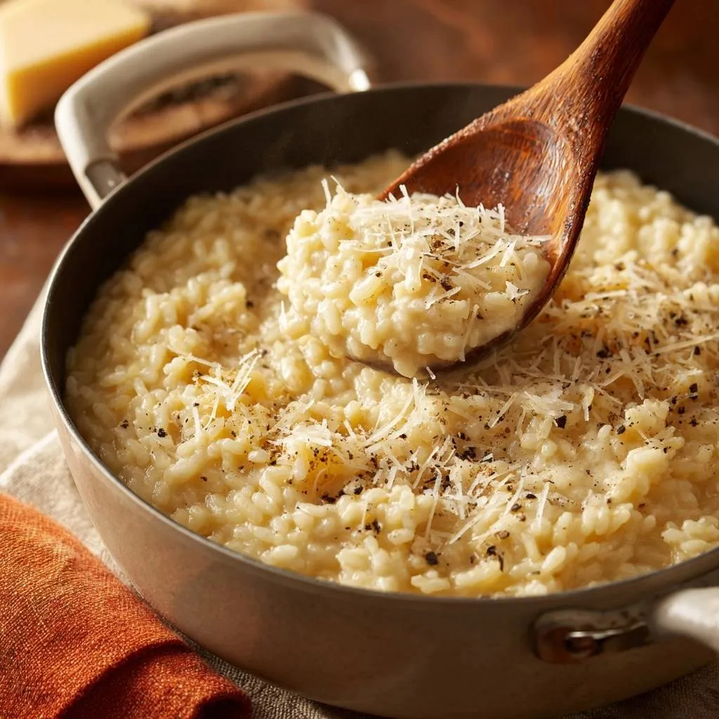 Creamy Parmesan Risotto, with a wooden spoon lifting a generous portion revealing its cheesy, peppery texture.
