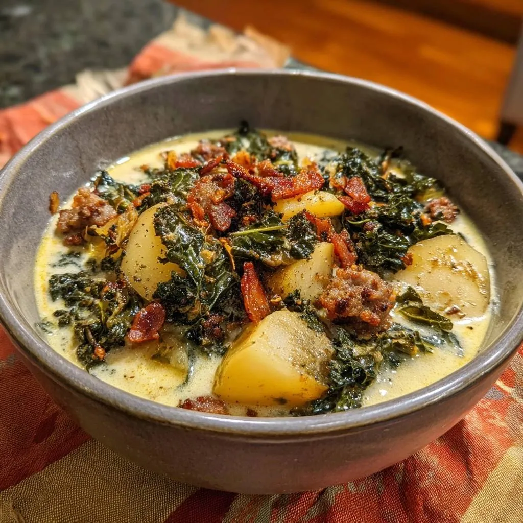 Creamy potato kale sausage soup served in a bowl, showcasing sausage crumbles and kale texture.