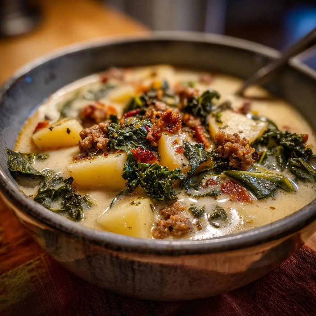 Creamy potato kale sausage soup in a close-up shot of a rustic bowl, showcasing hearty chunks of potato and sausage.