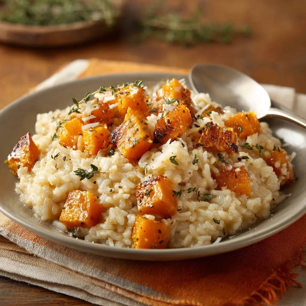Creamy roasted butternut squash risotto served on a plate, garnished with fresh thyme and grated cheese.