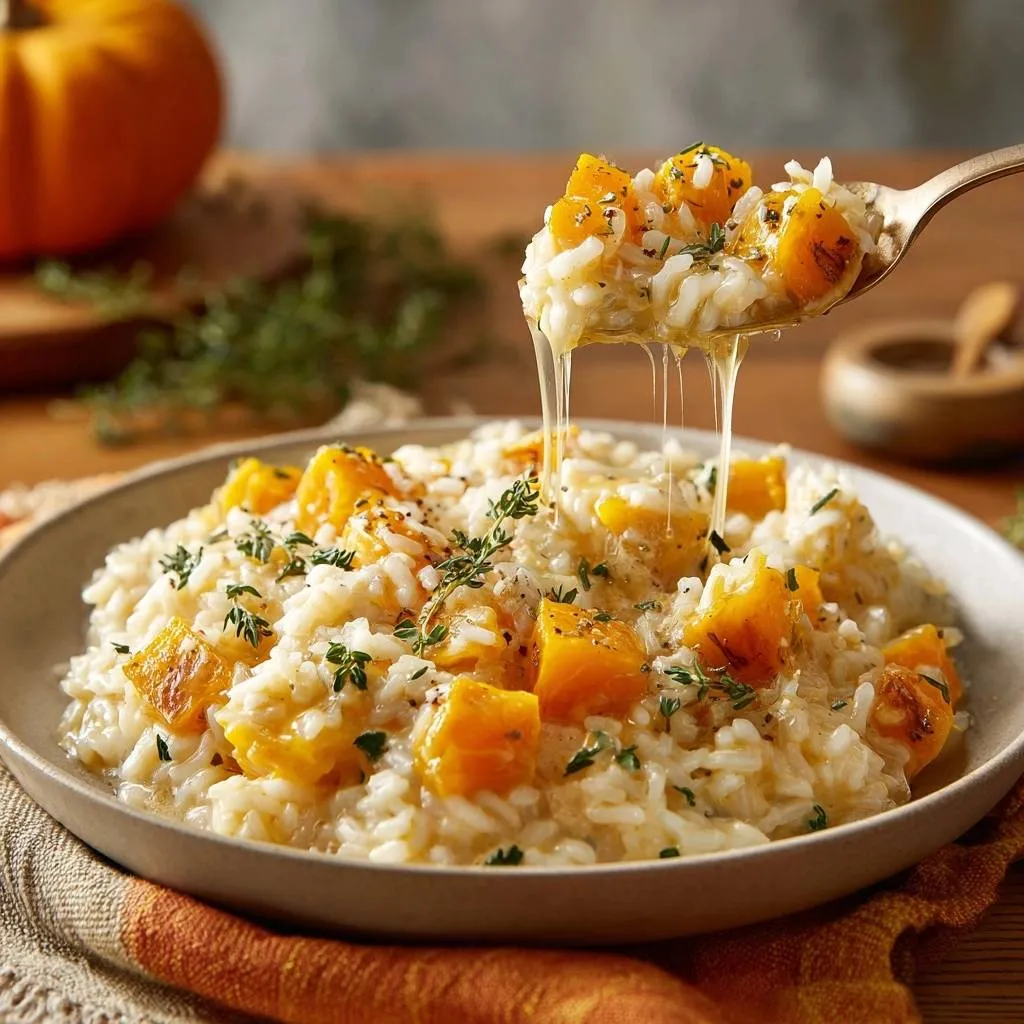 Creamy roasted butternut squash risotto with a spoonful being lifted, showing a honey-like drizzle.