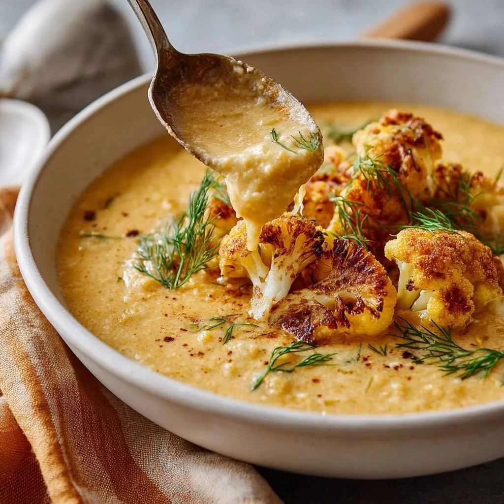 Creamy roasted cauliflower soup with a spoonful of soup drizzling onto roasted florets and fresh dill garnish.