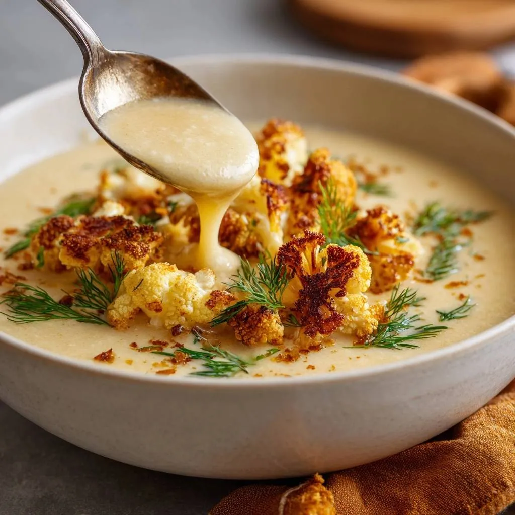 Creamy roasted cauliflower soup with a spoonful drizzling over the top, showing roasted florets and fresh dill garnish.