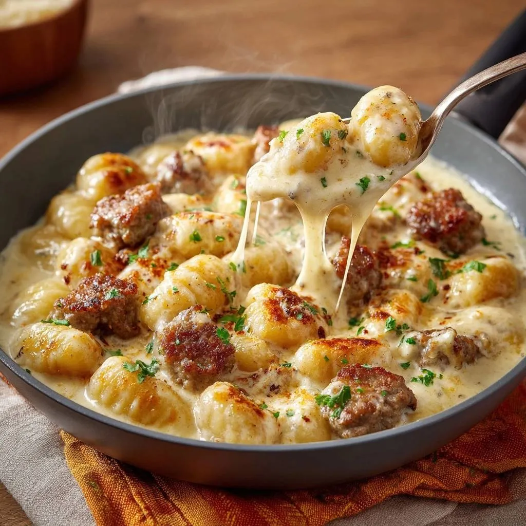 Creamy sausage gnocchi with a spoonful showing a generous cheese pull, garnished with parsley.